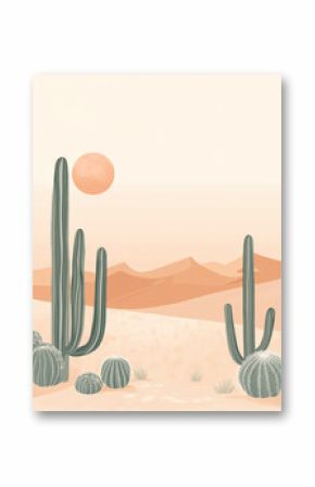 A minimalist illustration of a desert landscape featuring tall cacti, other desert plants, and a large orange sun against a pale sky and peachy hills.