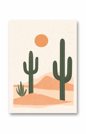 A minimalist illustration of a desert landscape featuring tall cacti, other desert plants, and a large orange sun against a pale sky and peachy hills.