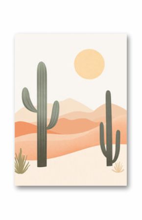 A minimalist illustration of a desert landscape featuring tall cacti, other desert plants, and a large orange sun against a pale sky and peachy hills.