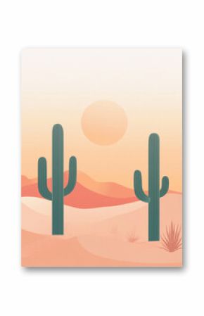 A minimalist illustration of a desert landscape featuring tall cacti, other desert plants, and a large orange sun against a pale sky and peachy hills.