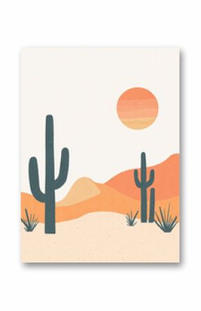A minimalist illustration of a desert landscape featuring tall cacti, other desert plants, and a large orange sun against a pale sky and peachy hills.