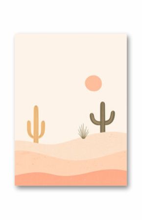 A minimalist illustration of a desert landscape featuring tall cacti, other desert plants, and a large orange sun against a pale sky and peachy hills.