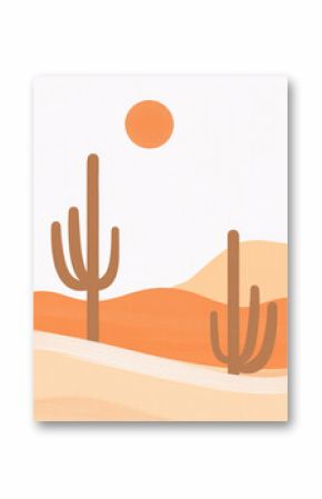 A minimalist illustration of a desert landscape featuring tall cacti, other desert plants, and a large orange sun against a pale sky and peachy hills.