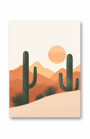 A minimalist illustration of a desert landscape featuring tall cacti, other desert plants, and a large orange sun against a pale sky and peachy hills.