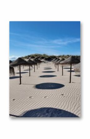 Photograph of rustic straw parasols on a sandy beach near Lisbon. Earth tones, soft light, and natural textures capture the relaxed, sunlit atmosphere of southern Europe’s coastal summer
