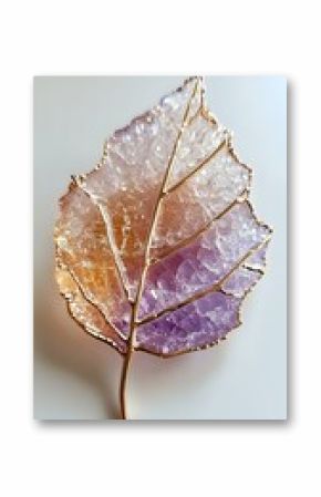Crystal leaf brooch with gold-plated edges featuring gradient colors from orange to purple on white isolated background, suitable for jewelry design and decoration.