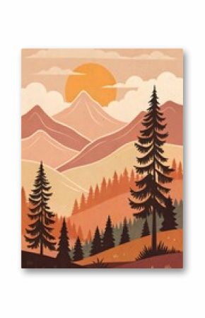 Vintage Mountain Landscape Wall Art Retro Nature Poster with Trees, Sunrise, Sunset, Minimalist Aesthetic, Boho Wilderness Décor