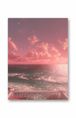 Pastel pink sunset over ocean. Balcony view