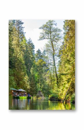A view from a boat towards moorings on the Kamenice river in Czech Switzerland in springtime