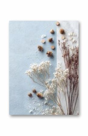 Dried flowers and seeds on pastel background