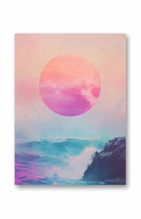 Surreal landscape concept art poster this sun, sea and mountain rocks background. Surreal nature collage. Surrealism fantastic dreaming art digital illustration. AI artwork. 
