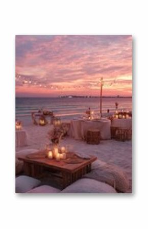 Romantic beach dinner setup at sunset  tables, lanterns, candles, pillows, string lights adorn the sandy shore under a pastel sky