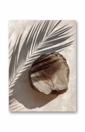A rock sits on a surface with a palm leaf shadow.