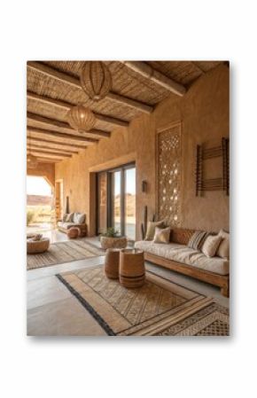 Interior of a desert villa with rugs, sofas, and woven light fixtures in a neutral color palette