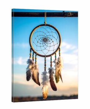 Dream catcher hanging against a vibrant sky