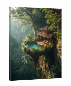 Luxury jungle villa with infinity pool perched on cliffside in tropical rainforest, serene eco retreat surrounded by lush greenery, exotic nature escape and peaceful getaway