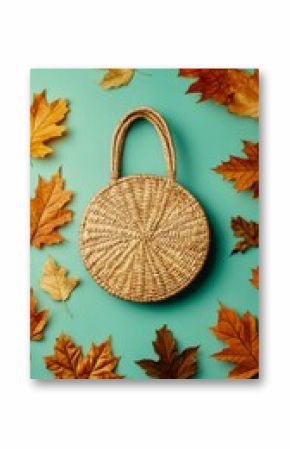 Fashion autumn handbag with fall leaves on pastel green background flatlay