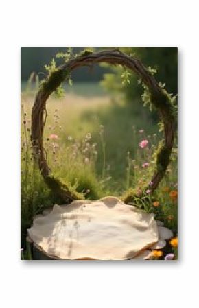 Rustic circular stage with mossy accents, beige burlap stage, and pine wood border set in a sun-drenched meadow during a summer afternoon, wildflowers scattered around.