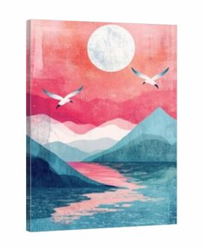 Whimsical Boho Birds in Abstract Sky. Pastel Artistic Landscape with Hand-Drawn Texture for Unique Wall DÃ©cor