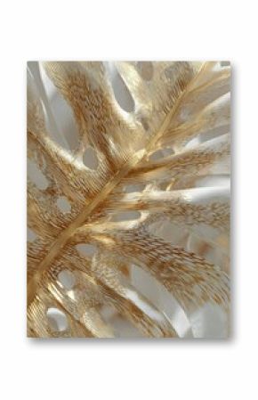 Golden Monstera Leaf on White Fabric, Close-up