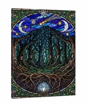 Dark enchanted forest scene with twisted trees under mystical starry night sky featuring moon phases within ornate Celtic border frame artwork design