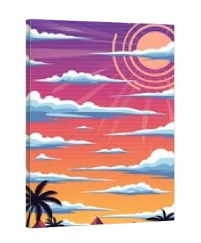 Sunset Landscape with Pyramids and Palm Trees.