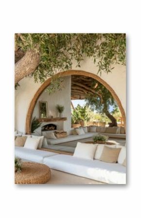 Mediterranean Outdoor Lounge with Archway and Olive Tree.