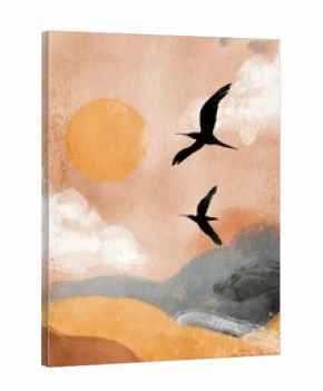 Bohemian Sky: Two Birds in Abstract Landscape Art. Pastel Hues and Hand-Drawn Texture for Unique Home Decor