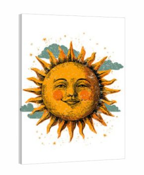Retro Sun Face Vector Illustration with Bold Lines and Mustard Yellow, Orange, Cream Palette – Screen Print Style for Trending T-Shirt Design