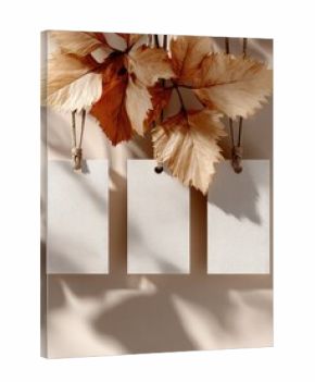 Three blank tags, hung by twine, amid autumnal foliage.  Soft light, subtle shadows