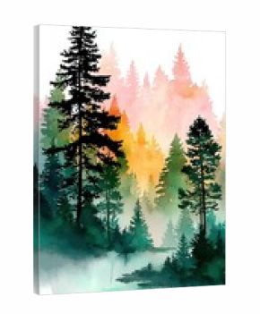 Watercolor Forest Trees in Misty Setting