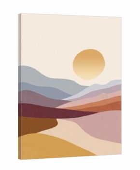 Abstract illustration of layered pastel mountains under a setting sun