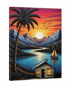 Mountain landscape with hut on the beach