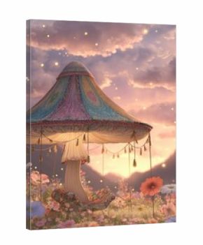 Colorful Mushroom Canopy In A Floral Meadow At Sunset