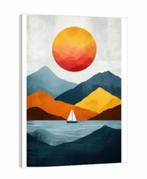 Minimalist boho scene with vibrant sun, mountains and sailboat on calm water under serene sky