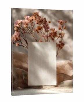 Blank paper card with dried pink baby's breath flowers on beige fabric, soft shadows creating minimalist aesthetic for wedding stationery or invitations.