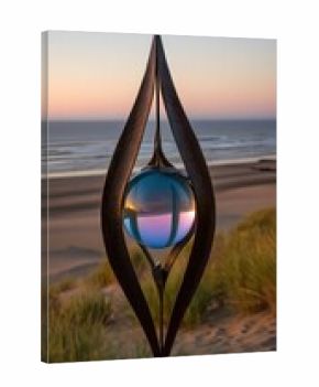 Ornate metal ornament with reflective orb hangs outdoors near a beach.