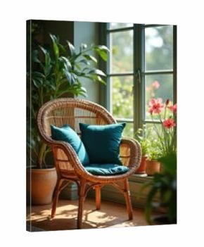 Wicker chair with teal cushions sits by window with green plants. Sunlight streams onto wooden floor. Pink flowers bloom outside, creating cozy home vibe. Peaceful decor.