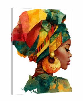 African woman profile headwrap watercolor portrait gold earring vibrant color ethnic cultural
