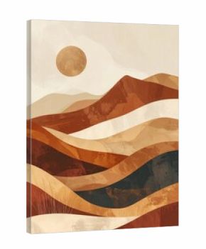 Abstract Wavy Desert Landscape Illustration with Warm Earthy Tones and Setting Sun - Modern Minimalist Bohemian Wall Art Print
