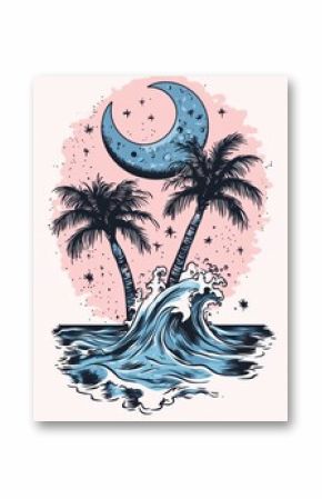 A hand-drawn illustration of two palm trees with a crescent moon, stars, and waves on a pink background.