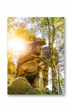 Golden sunlight filters through the vibrant autumn foliage, illuminating the majestic Besedice Rocks in Bohemian Paradise, creating a serene atmosphere for nature lovers.