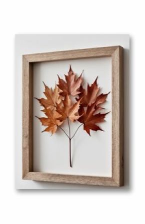 Artistic arrangement of autumn leaves in wooden frame.