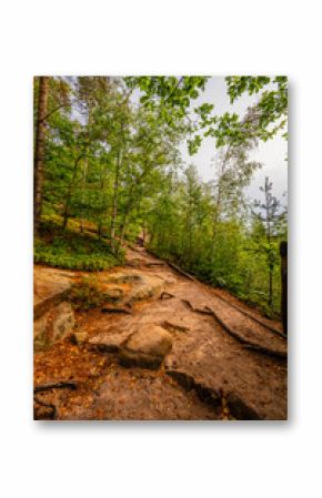 Hiking to Maria or Mariina skala wooden viewpoint built on a rock. It offers a beautiful view of the town of Jetrichovice in Bohemian Switzerland