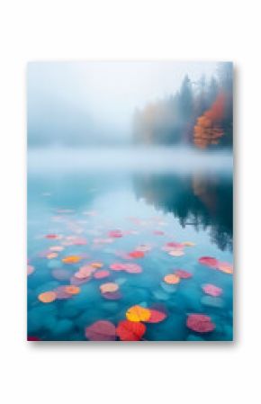 Colorful autumn leaves float on a tranquil lake surrounded by misty mountains during early morning hours