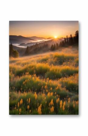 the AI Image Generator, mists in the Bohemian Forest, fogs lit by morning sun tinted orange