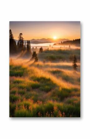 the AI Image Generator, mists in the Bohemian Forest, fogs lit by morning sun tinted orange