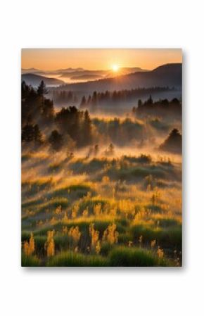 the AI Image Generator, mists in the Bohemian Forest, fogs lit by morning sun tinted orange