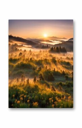 the AI Image Generator, mists in the Bohemian Forest, fogs lit by morning sun tinted orange