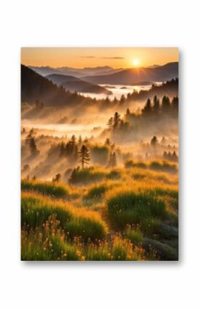 the AI Image Generator, mists in the Bohemian Forest, fogs lit by morning sun tinted orange